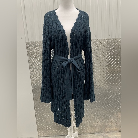 Newport News Vintage Wavy Open Knit Long Belted Cardigan Large Flare Sleeve Teal - Picture 1 of 8